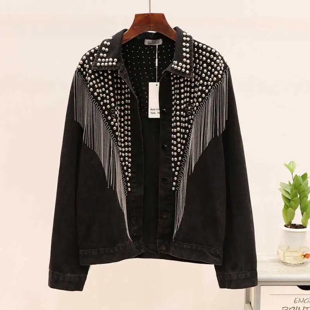 Western Vintage Wash Denim Studded Fringe Jean Jacket - Picture 11 of 16